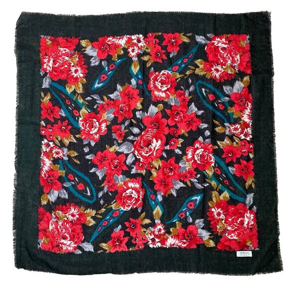 Vintage Worthington Wool Floral Scarf Black Red 35in Square English Countryside - Picture 1 of 9